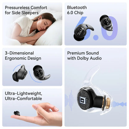 HTC NE76 Bluetooth6.0Wireless Sleep Headphones Feature Bass Noise Reduction.Improve Sleep Quality with an Lnvisible Flat Earbud Design,Providing Zero Pressure on Both Ears When Sleeping on the Side.Ideal for Travelers,Side Sleepers,And Those with Insomnia